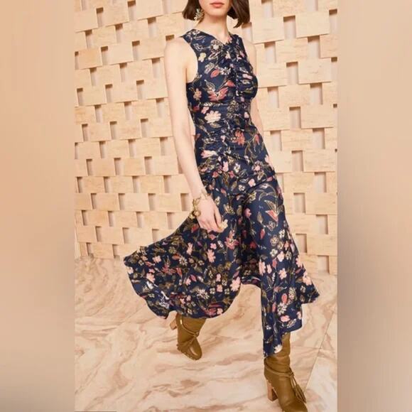 Ulla Johnson Dress Womens 2 Alma Odessa Silk Floral Asymmetrical Hem Navy Maxi